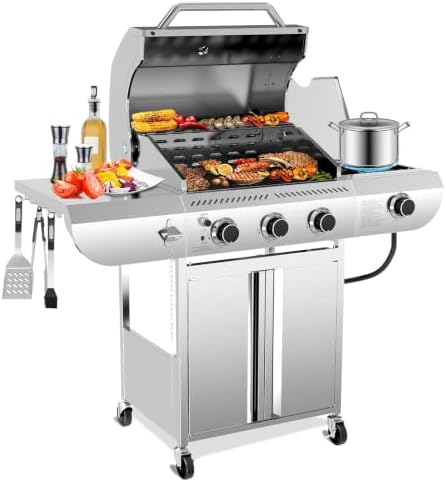Electactic 3-Burner Propane Gas Grill with Side Burner, 34,000 BTU Stainless Steel BBQ Grill with Enameled Cast Iron Grates, Built-In Thermometer, Barbecue Grill for Outdoor Cooking, Patio, Tailgates by Electactic