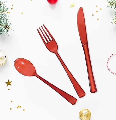HEIPINIUYE 75 Pack Red Clear Plastic Cutlery Heavy Duty Clear Red Plastic Knives Forks and Spoons Disposable Silverware Set for 25 Guest Birthday Baby Shower Christmas Party Utensil Set - Image 4