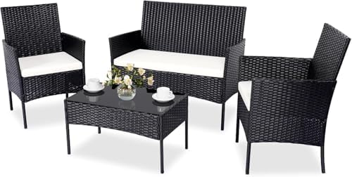 Patio Furniture Set 4 Pieces, Outdoor Rattan Furniture with Tempered Glass Coffee Table, Modern Rattan Patio Chairs Conversation Sets with Sofa for Garden, Terrace, Porch, Lawns by PAIQIAN