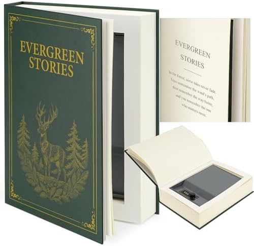 UWILLION Large Decorative Book-Shaped Lockable Storage Box with Combination Lock, Home and Office Organizer for Small Personal Items, Evergreen Stories, 10.82 x 7.67 x 1.77 Inches by UWILLION