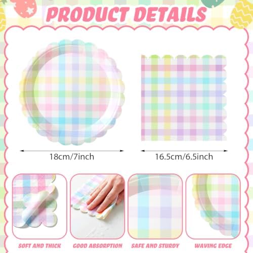 Roshtia 120 Pcs Pastel Gingham Paper Plates and Napkins Set - Image 2