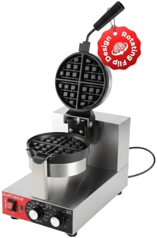 Superior Kitchen Commercial Belgian Waffle Maker, Stainless Steel Waffle Iron with Non-Stick Coating, Rotating Flip Design, Heat-Resistant Handle, Adjustable 122℉/50℃ to 482℉/250℃ Range, 1200W by Unknown