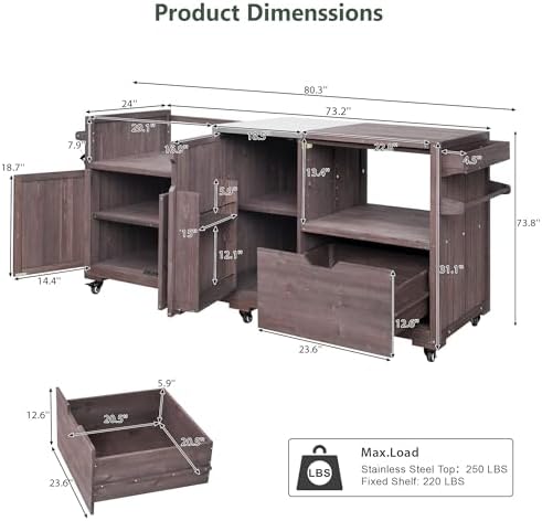 Outdoor Kitchen Island for Big Green Egg Grills, Grill Cart Table with Stainless Steel Top and Blackstone Griddle, Kitchen Storage Table with Cabinets and Drawer for 21"/28" Blackstone Griddle, Brown - Image 2