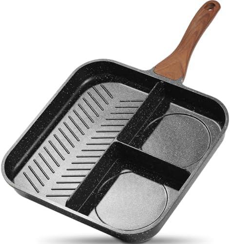ESLITE LIFE Nonstick Divided Grill Pan for Stove Tops, 11 Inch Versatile 3-In-1 Breakfast Pan, Square Big Grilling Steak Pan for Indoor & Outdoor Cooking, PTFE & PFOA Free, Black by ESLITELIFE