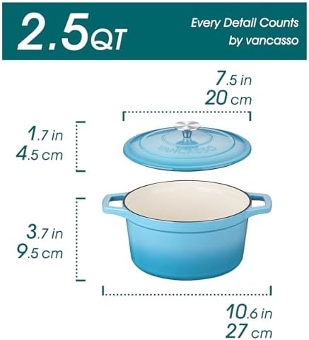 vancasso 2.5 Qt Enameled Cast Iron Dutch Oven with Lid, Blue - Image 2