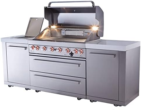 Mont Alpi Premium 94"W x 23"D x 46"H Stainless Steel Modular Outdoor Kitchen Island with Infrared Side Burner + 44"W 6-Burner BBQ Gas Grill + White Granite Countertops + Storage Cabinets & Drawers - Image 7