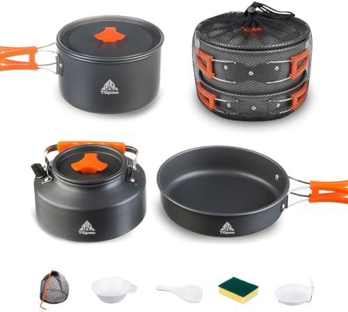 Collapsible Camping Cookware Set, Portable 4-in-1 Outdoor Camping pots and Pans Set with Nonstick Frypan, Pot, Kettle & Carry Bag, Hard-Anodized Aluminum for Camping, Hiking (2-6 Person) by TianGang