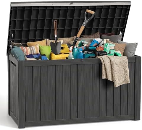 ROJIK Outdoor Storage Housing Deck Box,Waterproof Patio Furniture, Garden Tools,Cushions,Pool Accessories Storage Bench with Lockable Lid and Side Handles (Black,280 Gal) by ROJIK
