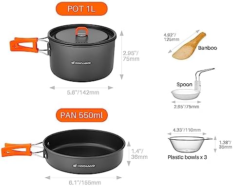 Odoland 9pcs Camping Cookware Non-Stick Lightweight Pots and Pans Set with Plastic Bowls Soup Spoon for Backpacking, Outdoor Cooking and Picnic - Image 4