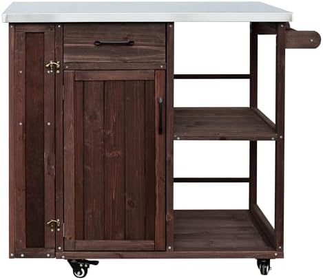 Outdoor Kitchen Island Cart with Stainless Steel Top, Rolling Grill Table with Storage Cabinet Drawer Shelves & Towel Rack, Wooden BBQ Prep Station with Lockable Wheels for Patio Backyard, Dark Brown - Image 4