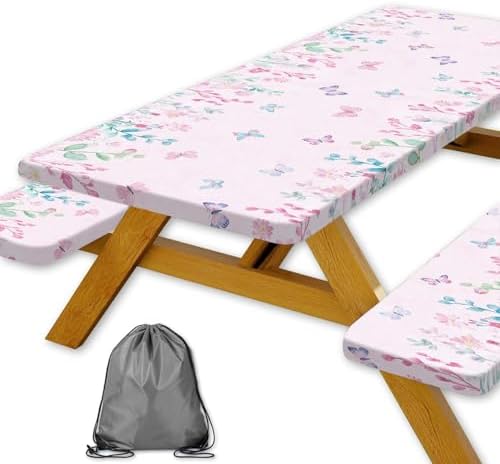 Butterfly Picnic Table Cover with Bench Covers, Camping Essentials, Flower Leaf Plant Waterproof Windproof Table Cover, Fitted Tablecloth Cover with Elastic Edge, for Indoor & Outdoor 3 PCS 30x96 Inch by Xguatan