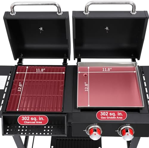 Charcoal and 2-Burner Propane Gas Combo Grill with Stainless Steel Griddle & Porcelain-enameled Cast Iron Grates, Dual Fuel BBQ Combo Grill for Outdoor Cooking - Image 3