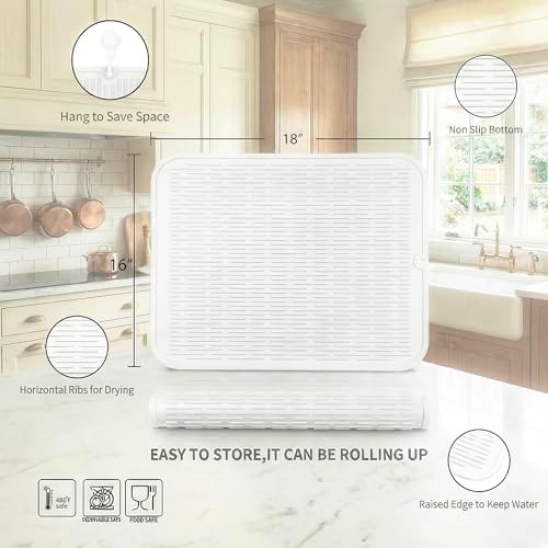 MicoYang Silicone Dish Drying Mat for Multiple Usage,Easy clean,Eco-friendly,Heat-resistant Silicone Mat for Kitchen Counter or Sink,Refrigerator or Drawer Liner White XL 18 inches x 16 inches - Image 2
