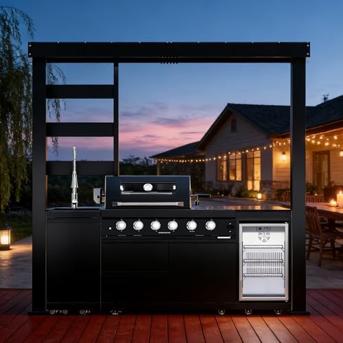 97-Inch 4-Burner 72000 BTU Propane Gas Grill Island with Shed, 304 Stainless Steel Black, Wine Cooler, Rotisserie & Granite Countertops for Backyard BBQ, Black by Dvasovio