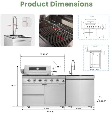 79" Modular Outdoor Kitchen with 4 Burners 72,000 BTU Natural Gas Grill,Rotisserie Oven,Side Burner,Sink & Marble Countertop.Gas Grill for Backyard and Patio.(Natural Gas) - Image 2