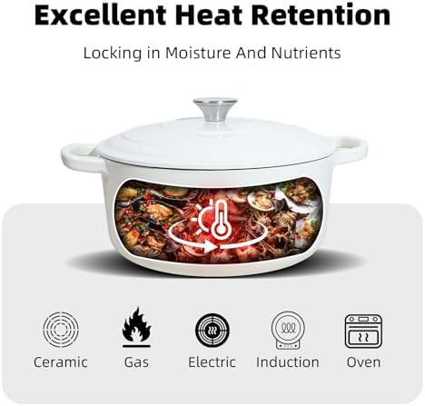 7 QT White Enameled Cast Iron Dutch Oven with Lid - Image 4