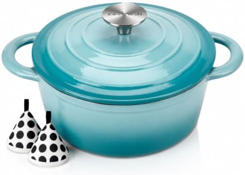 COOKWIN Enameled Cast Iron Dutch Oven, 5 QT Bread Baking Pot with Self Basting Lid, Non-stick Enamel Coated Cookware Pot, Great Christmas Gifts for Family, Teal by COOKWINCastIron