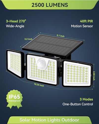 daphino 2500LM Solar Lights, Motion Sensor Outdoor Lights, 3-Head, 2 Pack - Image 2