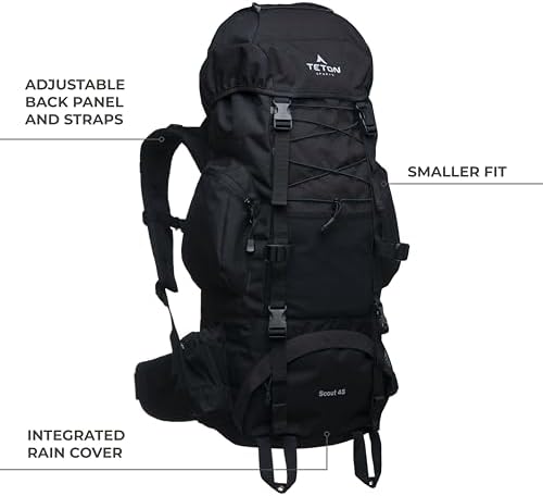 Teton 65L Scout Internal Frame Backpack for Hiking, Camping, Backpacking, Travel, Rain Cover Included, Black - Image 2