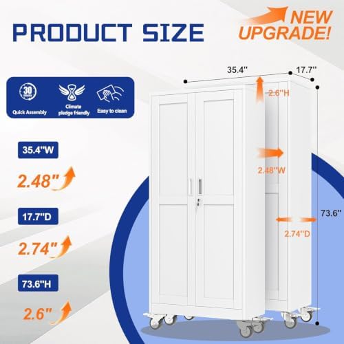 GAIOUS 73.6” Tall Metal Garage Storage Cabinet with Lock, Steel Tool Cabinet with 5 Adjustable Shelves, New Upgrade Lockable File Cabinet with Wheels, Organization for Home Office Garage Gym - White - Image 2
