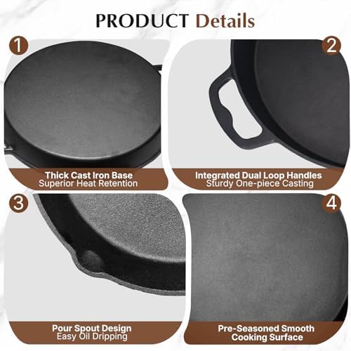 BUCABUCA Pre-Seasoned Cast iron Skillet,Frying Pan,Chef's Pan,Large Skillet,Cast Iron Camping Pan (17 inch) - Image 3
