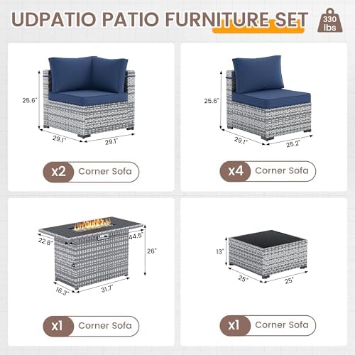 UDPATIO Patio Furniture Set with Fire Pit Table, 8 Pcs Outdoor Sectional Sofa, PE Wicker Patio Conversation Set for Garden, Backyard (Blue Cushions with Grey Rattan) - Image 2