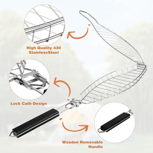 Fish Grill Basket, Stainless Steel Grill Baskets for Fish with Detachable Handle, plating - Image 2