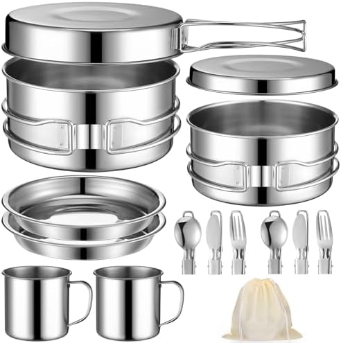 Funnymoom 14 Piece Camp Cooking Set, Stainless Steel Camping Cookware with Pot and Pan Kit 2 Set Stainless Steel Cups Plates Forks Knives Spoons for Camping, Backpacking, Outdoor Cooking and Picnic by Funnymoom