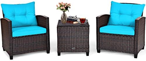 Tangkula 3 Pieces Patio Furniture Set, PE Rattan Wicker 3 Pcs Outdoor Sofa Set w/Washable Cushion and Tempered Glass Tabletop, Conversation Furniture for Garden Poolside Balcony (Turquoise) by TANGKULA