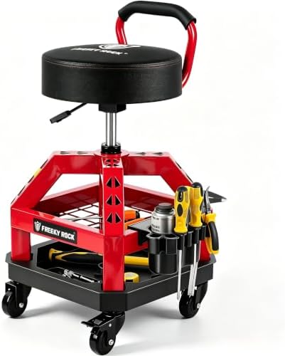 Rolling Shop Stool with Wheels, Heavy Duty Garage Work Mechanic Stool with Backrest, Adjustable Height 360°Swivel Rolling Chair with Tool Tray Storage, 330 LBS Capacity, Red by FREEKYROCK