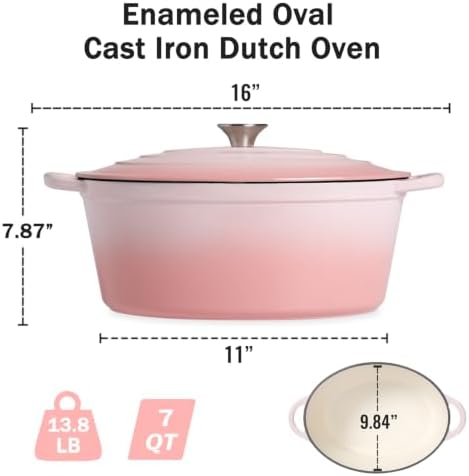 Enameled Dutch Oven Pot with Lid, 7 QT Cast Iron Dutch Oven with Dual Handles, Oval Dutch Oven for Cooking, Bread Baking, Frying, Non-stick Enamel Coated Oven (Gradient Pink) - Image 2