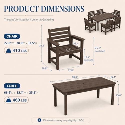 7 Pcs Outdoor Patio Dining Set, HDPE Table & Chairs with Umbrella Hole - Image 3