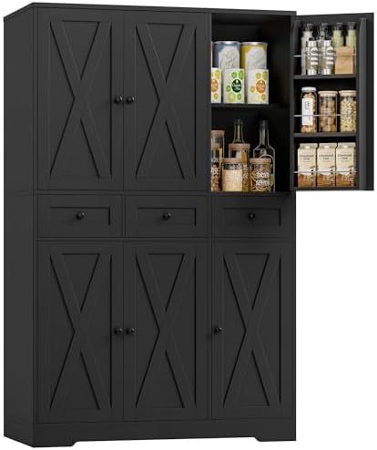 HOSTACK 67"H Farmhouse Kitchen Pantry Storage Cabinet with 3 Drawers, Black by HOSTACK