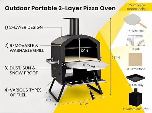 Wood Fired Outdoor Pizza Oven, Portable 2-Layer Pizza Maker with 12" Pizza Stone & Waterproof Cover – Folding Legs, Removable Rack for Camping, Backyard BBQ, Tailgating - Image 6