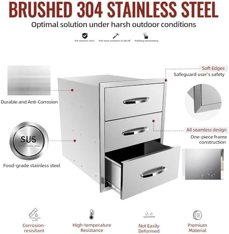 Outdoor Kitchen Drawers Stainless Steel, BBQ Drawer Inserts for Built-in Patio Grill Station, Triple Drawer, 18''W x 24''H x 23''D - Image 3
