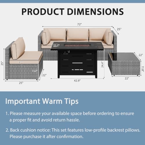 Shintenchi 6 Piece Outdoor Patio Furniture Set with 43 Inch Propane Fire Pit, Washable Cushions, Glass Coffee Table, Waterproof Cover & CSA Certified for Backyard Poolside, Silver PE Rattan/Khaki - Image 2