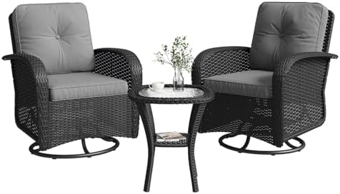 Aoxun 3 Pieces Patio Furniture Set, Patio Swivel Rocker Chairs Set of 2, Wicker Outdoor Bistro Set with Rocking Chair, Thickened Cushions and Table for Porch (Light Grey) by Aoxun