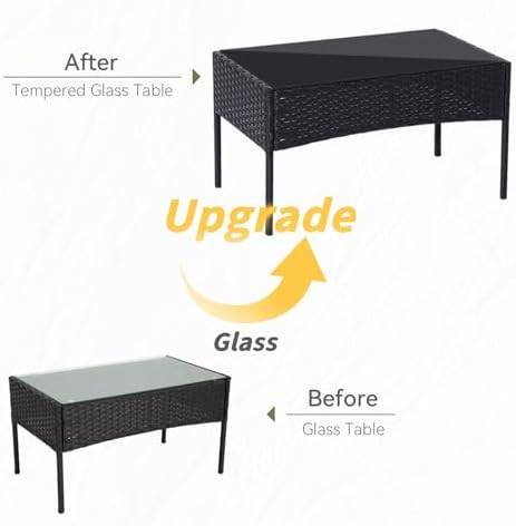 Patio Furniture Set 4 Pieces Conversation Sets Outdoor Wicker Rattan Chairs Garden Backyard Balcony Porch Poolside Loveseat with Soft Cushion and Tempered Glass Table(Black) - Image 3