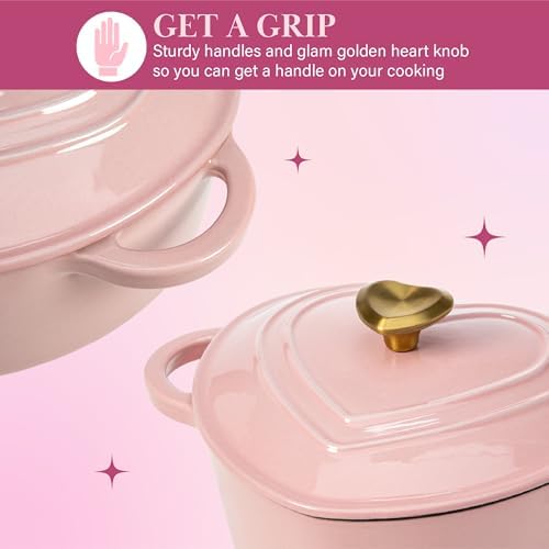 Paris Hilton Enameled Cast Iron Dutch Oven Pot with Lid, Heart-Shaped Dutch Oven, Durable Cast Iron Pot with Dual Handles, Oven Safe to 500°F, Works on All Stovetops, 2-Quart, Pink - Image 5