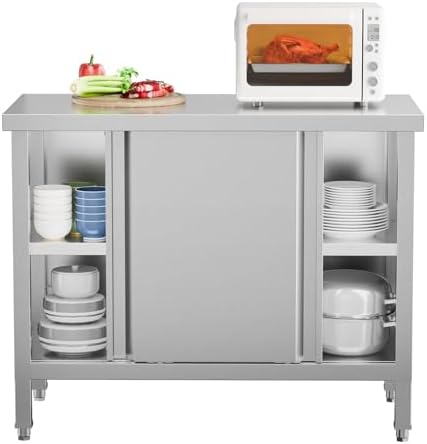 ROVSUN Stainless Steel Table with Cabinet, 39" x 19" Commercial Kitchen Workbench for Pre Work with Sliding Doors, Large Space Storage for Kitchen Restaurant Hotel Garage Warehouse by ROVSUN