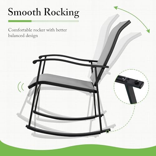 Shintenchi 3 Piece Rocking Bistro Set, Outdoor Furniture with Rocker Chairs and Glass Coffee Table Set of 3, Balcony, Porch Furniture for Small Space, Light Gray - Image 5