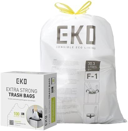 EKO Easy-Dispense Roll 100 Count Extra-Strong Drawstring Kitchen Trash Bags – 8 Gallon Garbage Bags (30.3L) 1 pack, Code F-1 Slim Fit, White by Unknown