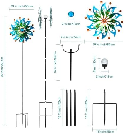 87" Large Solar Wind Spinners Outdoor, Peacock Metal Garden Decor - Image 2