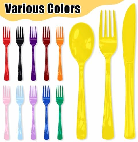 HEIPINIUYE 75 Pack Yellow Plastic Cutlery Heavy Duty Yellow Plastic Knives Forks and Spoons Disposable Silverware Set for 25 Guest Camping Birthday Baby Shower Party Cutlery Set - Image 4