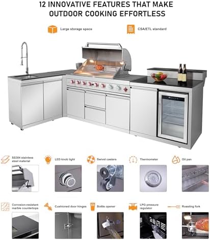 95.8'' Outdoor Kitchen Island, All-In-One 6+1 Burner Modular Outdoor Kitchen for Backyards, 95500 BTU, BBQ Grill with 304 Stainless Steel, Silver Outdoor Kitchens with Sink, Refrigerator - Image 3