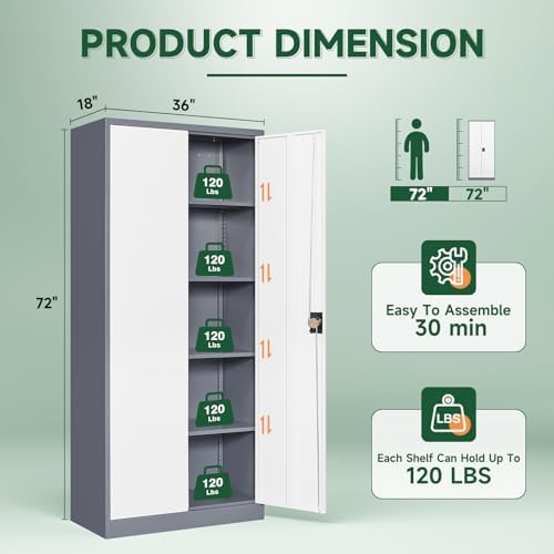 Letaya Metal Garage Storage Cabinets with Lock Door and Adjustable Shelves, Steel Tool Cabinets for Home,Office,Warehouse Organisieren (Gery White, 72" H) - Image 3