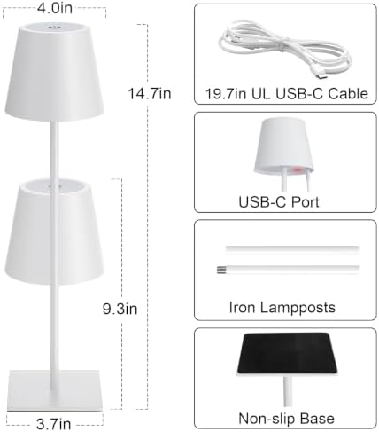 Kakanuo White Gold Cordless Rechargeable Table Lamp 5000mAh Battery Operated Lamps, 3 Colors Stepless Dimming Touch Lamp for Living Room, Kitchen Counter, Dining, Outdoor Patio, 2 Pack - Image 5
