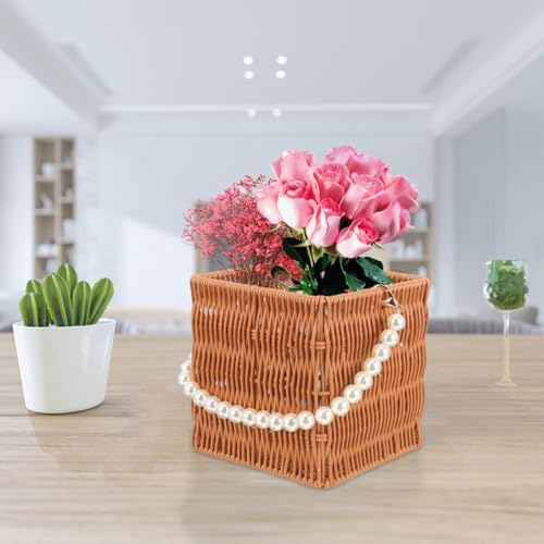 CLISPEED Woven Rattan Baskets Sturdy PP Simulation Rattan Material 2pcs with Pearl Handle, Square and Oval Shape Storage Baskets for Food and Books for Outdoor Picnic and Scenes - Image 5