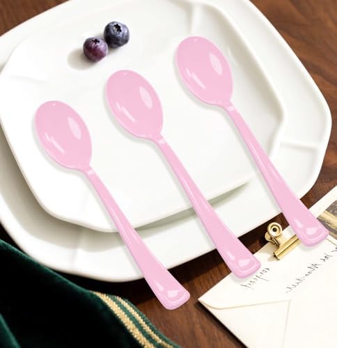 SietDESEO 25 PCS Light Pink Plastic Spoons Disposable Utensils Heavy Duty Baby Pink Spoons Disposable Cutlery for Birthday Wedding Baby Shower Bridal Shower Plastic Silverware - Image 5