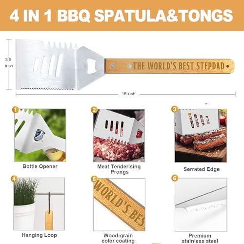 Step Dad Gifts from Daughter Christmas Heavy Duty Wooden BBQ Grilling Accessories Kit for Backyard, Thick Stainless Steel Grill Utensils with Non-Slip Handle Tools in Portable Bag Birthday Fathers Day - Image 2